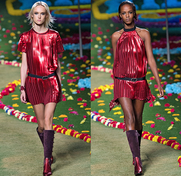 Tommy Hilfiger 2015 Spring Summer Womens Runway Catwalk Looks - Mercedes-Benz Fashion Week New York MBFW - Beatles Sgt. Peppers Lonely Hearts Club Band - 1970s Seventies Military Marching Band Bohemian Denim Jeans Patchwork Babydoll Vest Flare Stars Sweater Jumper Knit Skirt Dress Sequins Furry Sheer Chiffon Cardigan Pleats Halter Top Trench Coat Coatdress Stripes Bralette Crop Top Midriff Hotpants Scarf Guitar Cape