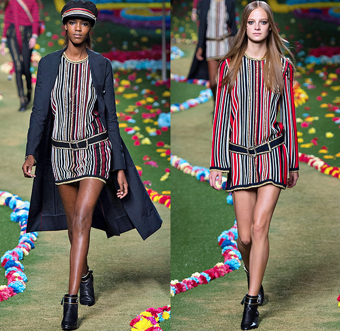 Tommy Hilfiger 2015 Spring Summer Womens Runway Catwalk Looks - Mercedes-Benz Fashion Week New York MBFW - Beatles Sgt. Peppers Lonely Hearts Club Band - 1970s Seventies Military Marching Band Bohemian Denim Jeans Patchwork Babydoll Vest Flare Stars Sweater Jumper Knit Skirt Dress Sequins Furry Sheer Chiffon Cardigan Pleats Halter Top Trench Coat Coatdress Stripes Bralette Crop Top Midriff Hotpants Scarf Guitar Cape