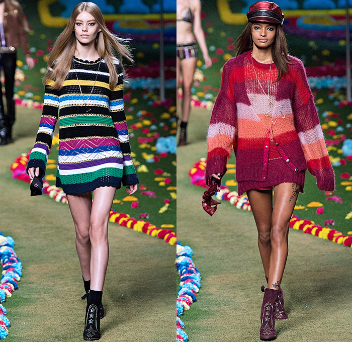 Tommy Hilfiger 2015 Spring Summer Womens Runway Catwalk Looks - Mercedes-Benz Fashion Week New York MBFW - Beatles Sgt. Peppers Lonely Hearts Club Band - 1970s Seventies Military Marching Band Bohemian Denim Jeans Patchwork Babydoll Vest Flare Stars Sweater Jumper Knit Skirt Dress Sequins Furry Sheer Chiffon Cardigan Pleats Halter Top Trench Coat Coatdress Stripes Bralette Crop Top Midriff Hotpants Scarf Guitar Cape