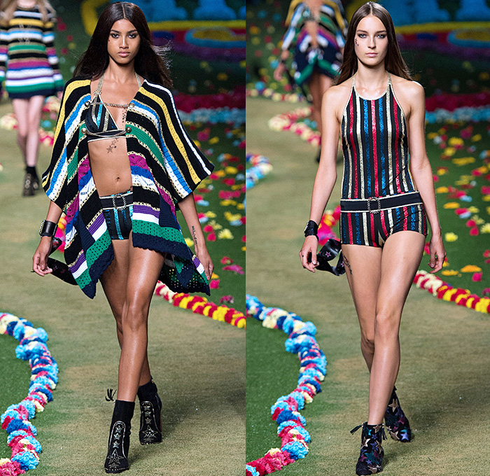 Tommy Hilfiger 2015 Spring Summer Womens Runway Catwalk Looks - Mercedes-Benz Fashion Week New York MBFW - Beatles Sgt. Peppers Lonely Hearts Club Band - 1970s Seventies Military Marching Band Bohemian Denim Jeans Patchwork Babydoll Vest Flare Stars Sweater Jumper Knit Skirt Dress Sequins Furry Sheer Chiffon Cardigan Pleats Halter Top Trench Coat Coatdress Stripes Bralette Crop Top Midriff Hotpants Scarf Guitar Cape