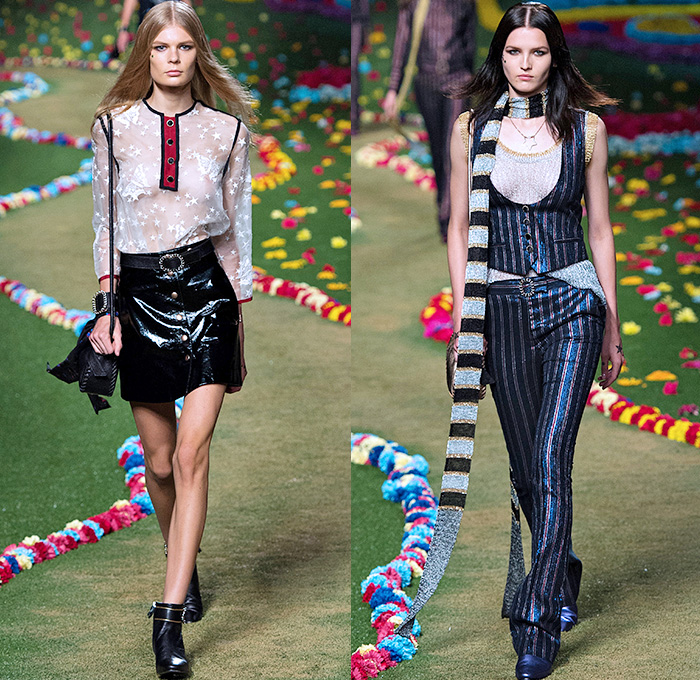 Tommy Hilfiger 2015 Spring Summer Womens Runway Catwalk Looks - Mercedes-Benz Fashion Week New York MBFW - Beatles Sgt. Peppers Lonely Hearts Club Band - 1970s Seventies Military Marching Band Bohemian Denim Jeans Patchwork Babydoll Vest Flare Stars Sweater Jumper Knit Skirt Dress Sequins Furry Sheer Chiffon Cardigan Pleats Halter Top Trench Coat Coatdress Stripes Bralette Crop Top Midriff Hotpants Scarf Guitar Cape