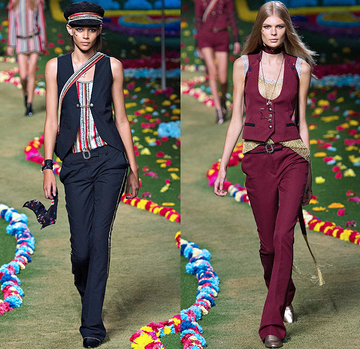 Tommy Hilfiger 2015 Spring Summer Womens Runway Catwalk Looks - Mercedes-Benz Fashion Week New York MBFW - Beatles Sgt. Peppers Lonely Hearts Club Band - 1970s Seventies Military Marching Band Bohemian Denim Jeans Patchwork Babydoll Vest Flare Stars Sweater Jumper Knit Skirt Dress Sequins Furry Sheer Chiffon Cardigan Pleats Halter Top Trench Coat Coatdress Stripes Bralette Crop Top Midriff Hotpants Scarf Guitar Cape