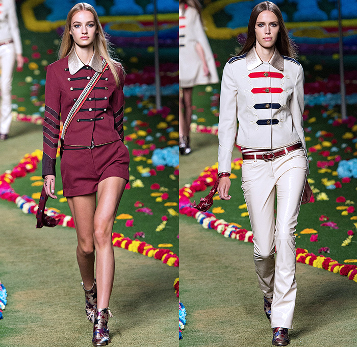 Tommy Hilfiger 2015 Spring Summer Womens Runway Catwalk Looks - Mercedes-Benz Fashion Week New York MBFW - Beatles Sgt. Peppers Lonely Hearts Club Band - 1970s Seventies Military Marching Band Bohemian Denim Jeans Patchwork Babydoll Vest Flare Stars Sweater Jumper Knit Skirt Dress Sequins Furry Sheer Chiffon Cardigan Pleats Halter Top Trench Coat Coatdress Stripes Bralette Crop Top Midriff Hotpants Scarf Guitar Cape