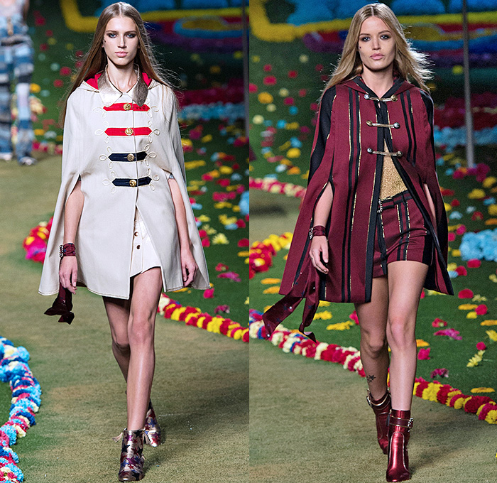 Tommy Hilfiger 2015 Spring Summer Womens Runway Catwalk Looks - Mercedes-Benz Fashion Week New York MBFW - Beatles Sgt. Peppers Lonely Hearts Club Band - 1970s Seventies Military Marching Band Bohemian Denim Jeans Patchwork Babydoll Vest Flare Stars Sweater Jumper Knit Skirt Dress Sequins Furry Sheer Chiffon Cardigan Pleats Halter Top Trench Coat Coatdress Stripes Bralette Crop Top Midriff Hotpants Scarf Guitar Cape