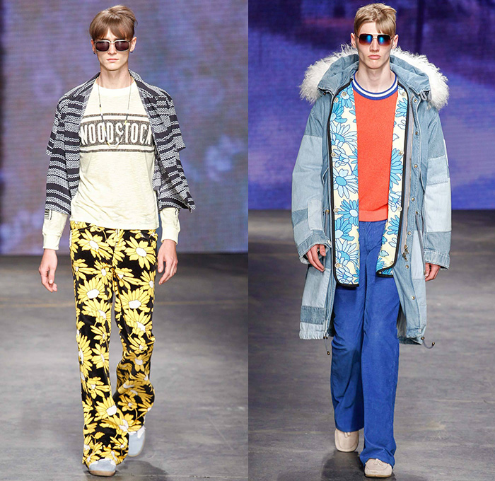 Topman Design 2015 Spring Summer Mens Runway Looks - London Collections: Men British Fashion Council UK United Kingdom - Woodstock Britpop Retro Hippie 1970s Seventies Denim Jeans Patchwork Flare Wide Leg Bell Bottom Stripes Flowers Florals Knit Sweater Jumper Pop Art Graphic Motif Trucker Jacket Zigzag Chunky Knit Weave Vest Shirt Western Fringes Cowboy Mountain Landscape Pastel Outerwear Coat Parka Suit Kimono Wrap Sash Belt Shorts Luggage