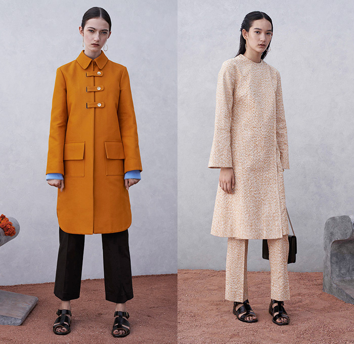 Trademark 2015 Spring Summer Womens Lookbook Presentation - New York Fashion Week - Southern Asia Indian Influences Undertones Outerwear Cropped Pants Trousers Long Coat Ribbon Sash Waist Sandals Frock Shirtdress Tunicdress Blousedress Pleats Plaid Scarf Flap Pockets Midi Skirt Sweater Jumper Dots Stripes Straw Hat Henley