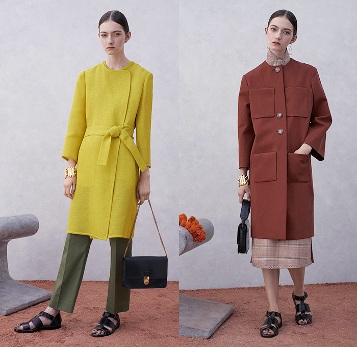 Trademark 2015 Spring Summer Womens Lookbook Presentation - New York Fashion Week - Southern Asia Indian Influences Undertones Outerwear Cropped Pants Trousers Long Coat Ribbon Sash Waist Sandals Frock Shirtdress Tunicdress Blousedress Pleats Plaid Scarf Flap Pockets Midi Skirt Sweater Jumper Dots Stripes Straw Hat Henley