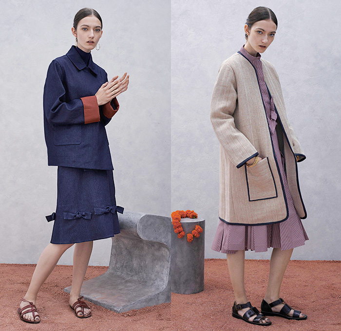 Trademark 2015 Spring Summer Womens Lookbook Presentation - New York Fashion Week - Southern Asia Indian Influences Undertones Outerwear Cropped Pants Trousers Long Coat Ribbon Sash Waist Sandals Frock Shirtdress Tunicdress Blousedress Pleats Plaid Scarf Flap Pockets Midi Skirt Sweater Jumper Dots Stripes Straw Hat Henley