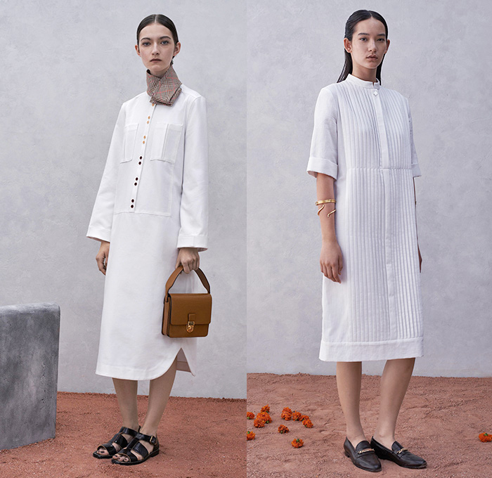 Trademark 2015 Spring Summer Womens Lookbook Presentation - New York Fashion Week - Southern Asia Indian Influences Undertones Outerwear Cropped Pants Trousers Long Coat Ribbon Sash Waist Sandals Frock Shirtdress Tunicdress Blousedress Pleats Plaid Scarf Flap Pockets Midi Skirt Sweater Jumper Dots Stripes Straw Hat Henley