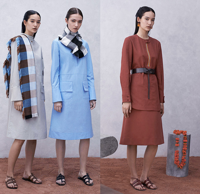 Trademark 2015 Spring Summer Womens Lookbook Presentation - New York Fashion Week - Southern Asia Indian Influences Undertones Outerwear Cropped Pants Trousers Long Coat Ribbon Sash Waist Sandals Frock Shirtdress Tunicdress Blousedress Pleats Plaid Scarf Flap Pockets Midi Skirt Sweater Jumper Dots Stripes Straw Hat Henley