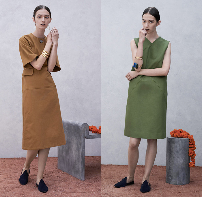 Trademark 2015 Spring Summer Womens Lookbook Presentation - New York Fashion Week - Southern Asia Indian Influences Undertones Outerwear Cropped Pants Trousers Long Coat Ribbon Sash Waist Sandals Frock Shirtdress Tunicdress Blousedress Pleats Plaid Scarf Flap Pockets Midi Skirt Sweater Jumper Dots Stripes Straw Hat Henley