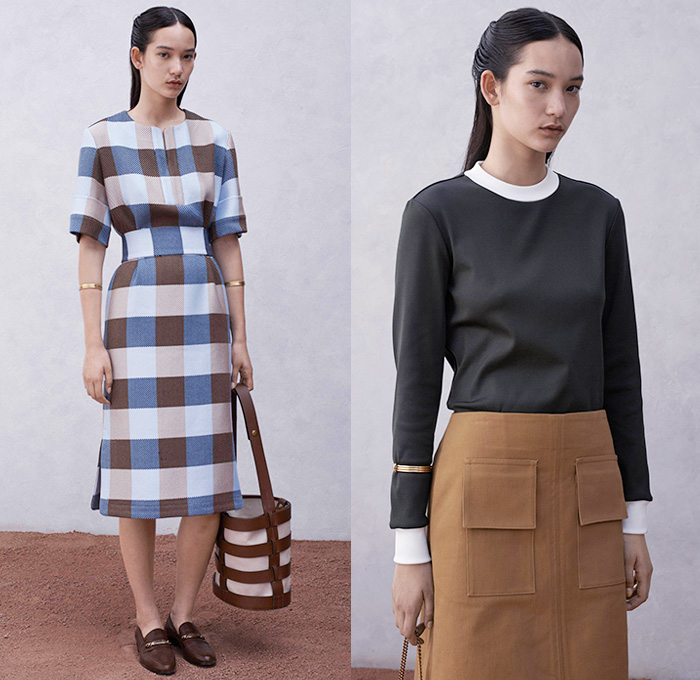 Trademark 2015 Spring Summer Womens Lookbook Presentation - New York Fashion Week - Southern Asia Indian Influences Undertones Outerwear Cropped Pants Trousers Long Coat Ribbon Sash Waist Sandals Frock Shirtdress Tunicdress Blousedress Pleats Plaid Scarf Flap Pockets Midi Skirt Sweater Jumper Dots Stripes Straw Hat Henley