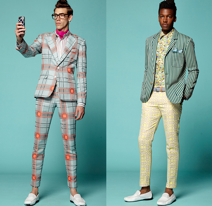 Trina Turk 2015 Spring Summer Mens Lookbook Presentation - Mercedes-Benz Fashion Week New York MBFW - 1960s Sixties Windowpane Checks Suit Slim Tapered Pants Trousers Blazer Shorts Loafer Moccasins Stripes Flowers Florals Blocks Tiles Squares Shirt Polo Shirt Stripes Straw Hat Fish Scales Leaves Foliage Fauna Tropical Graphic Frequencies