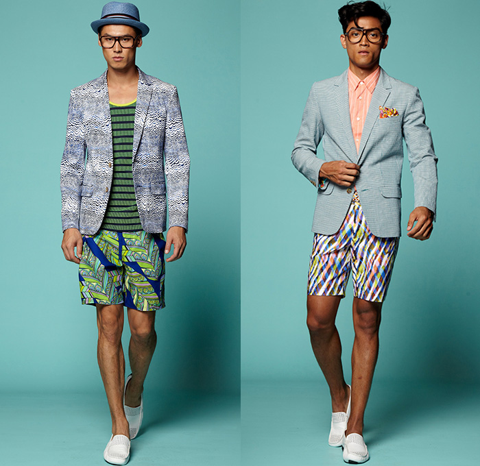 Trina Turk 2015 Spring Summer Mens Lookbook Presentation - Mercedes-Benz Fashion Week New York MBFW - 1960s Sixties Windowpane Checks Suit Slim Tapered Pants Trousers Blazer Shorts Loafer Moccasins Stripes Flowers Florals Blocks Tiles Squares Shirt Polo Shirt Stripes Straw Hat Fish Scales Leaves Foliage Fauna Tropical Graphic Frequencies