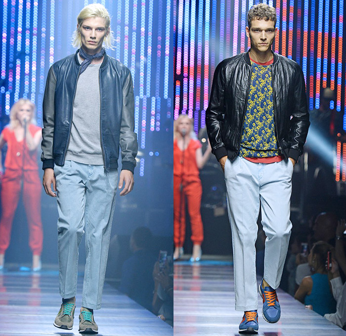 Tru Trussardi 2015 Spring Summer Mens Runway Looks - Milano Moda Uomo Collezione Milan Fashion Week Italy - Denim Jeans Trousers Pants Bomber Jacket Trainers Scarf Casuals Print Motif Palm Trees Foliage Fauna Leaves Drawstring Button Down Shirt Outerwear Trench Coat Sweater Jumper Parka Rainwear Jacket Jogging Sweatpants Abstract Art Paint Strokes Blazer Suit Shorts Cap