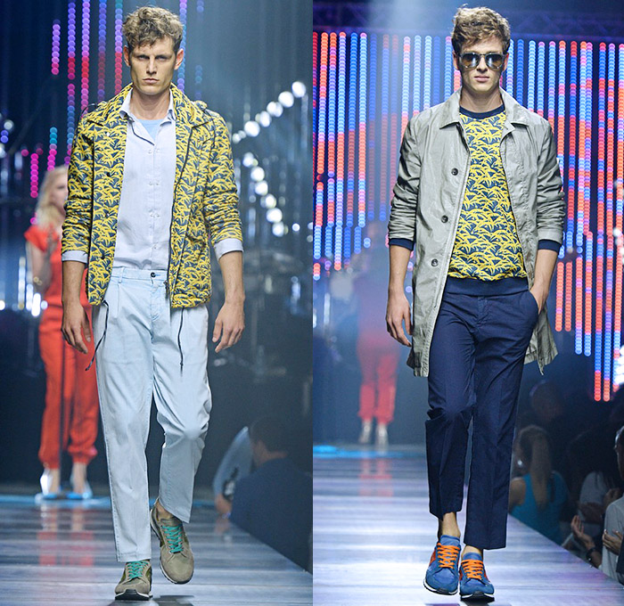 Tru Trussardi 2015 Spring Summer Mens Runway Looks - Milano Moda Uomo Collezione Milan Fashion Week Italy - Denim Jeans Trousers Pants Bomber Jacket Trainers Scarf Casuals Print Motif Palm Trees Foliage Fauna Leaves Drawstring Button Down Shirt Outerwear Trench Coat Sweater Jumper Parka Rainwear Jacket Jogging Sweatpants Abstract Art Paint Strokes Blazer Suit Shorts Cap