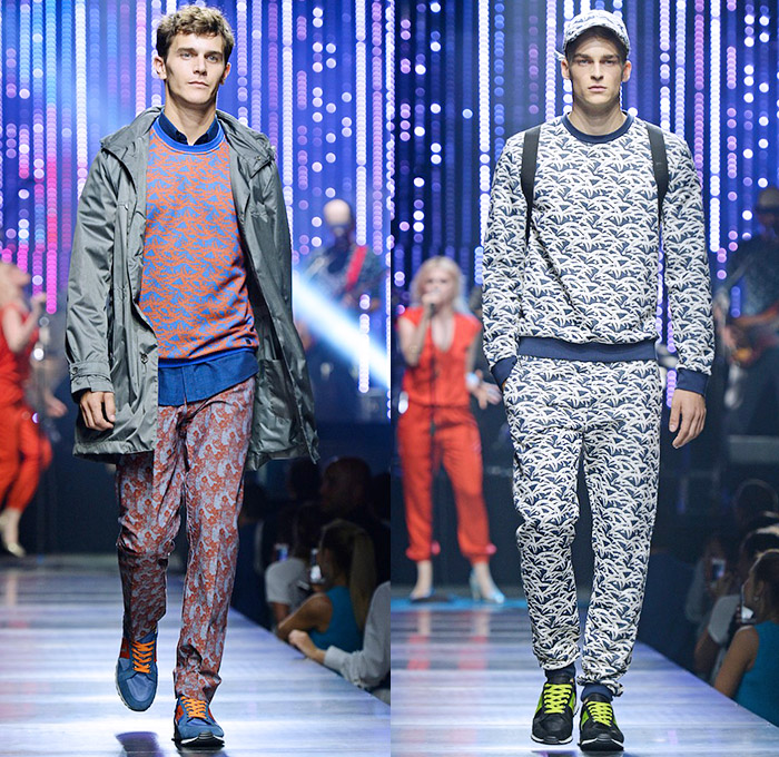 Tru Trussardi 2015 Spring Summer Mens Runway Looks - Milano Moda Uomo Collezione Milan Fashion Week Italy - Denim Jeans Trousers Pants Bomber Jacket Trainers Scarf Casuals Print Motif Palm Trees Foliage Fauna Leaves Drawstring Button Down Shirt Outerwear Trench Coat Sweater Jumper Parka Rainwear Jacket Jogging Sweatpants Abstract Art Paint Strokes Blazer Suit Shorts Cap