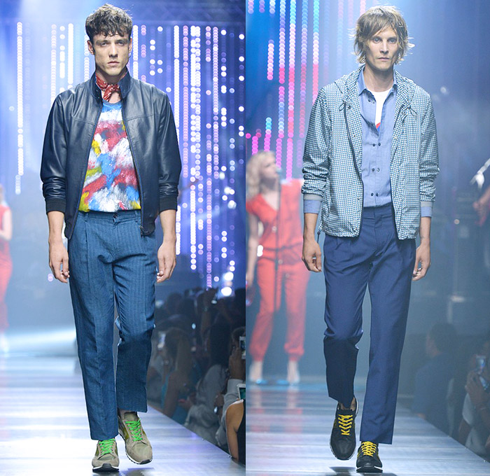 Tru Trussardi 2015 Spring Summer Mens Runway Looks - Milano Moda Uomo Collezione Milan Fashion Week Italy - Denim Jeans Trousers Pants Bomber Jacket Trainers Scarf Casuals Print Motif Palm Trees Foliage Fauna Leaves Drawstring Button Down Shirt Outerwear Trench Coat Sweater Jumper Parka Rainwear Jacket Jogging Sweatpants Abstract Art Paint Strokes Blazer Suit Shorts Cap