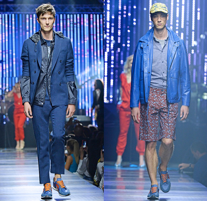 Tru Trussardi 2015 Spring Summer Mens Runway Looks - Milano Moda Uomo Collezione Milan Fashion Week Italy - Denim Jeans Trousers Pants Bomber Jacket Trainers Scarf Casuals Print Motif Palm Trees Foliage Fauna Leaves Drawstring Button Down Shirt Outerwear Trench Coat Sweater Jumper Parka Rainwear Jacket Jogging Sweatpants Abstract Art Paint Strokes Blazer Suit Shorts Cap