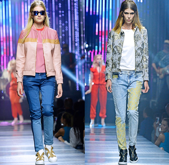 Tru Trussardi 2015 Spring Summer Womens Runway Looks - Milano Moda Uomo Collezione Milan Fashion Week Italy - Denim Jeans Patchwork Patches Outerwear Stripes Embroidery Paisley Rainwear Anorak Windbreaker Shorts Blouse Miniskirt Palm Trees Foliage Leaves Trucker Jacket Shorts Boxing Trunks Knit Shirtdress Yellow Jumpsuit Bib Brace Coveralls Overalls Lace Steel Pattern Trainers Coat Motorcycle Biker Rider Wide Leg Trousers Palazzo Pants Leather