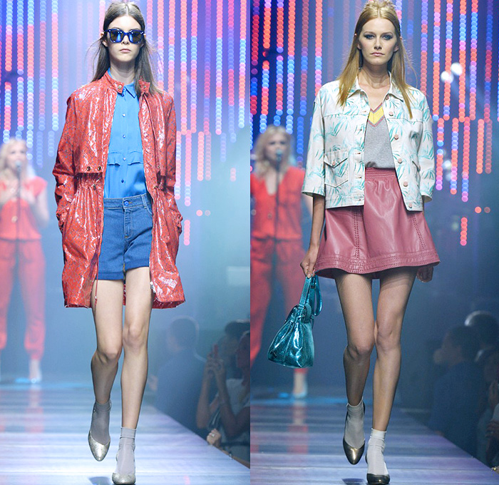 Tru Trussardi 2015 Spring Summer Womens Runway Looks - Milano Moda Uomo Collezione Milan Fashion Week Italy - Denim Jeans Patchwork Patches Outerwear Stripes Embroidery Paisley Rainwear Anorak Windbreaker Shorts Blouse Miniskirt Palm Trees Foliage Leaves Trucker Jacket Shorts Boxing Trunks Knit Shirtdress Yellow Jumpsuit Bib Brace Coveralls Overalls Lace Steel Pattern Trainers Coat Motorcycle Biker Rider Wide Leg Trousers Palazzo Pants Leather