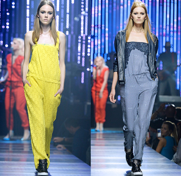 Tru Trussardi 2015 Spring Summer Womens Runway Looks - Milano Moda Uomo Collezione Milan Fashion Week Italy - Denim Jeans Patchwork Patches Outerwear Stripes Embroidery Paisley Rainwear Anorak Windbreaker Shorts Blouse Miniskirt Palm Trees Foliage Leaves Trucker Jacket Shorts Boxing Trunks Knit Shirtdress Yellow Jumpsuit Bib Brace Coveralls Overalls Lace Steel Pattern Trainers Coat Motorcycle Biker Rider Wide Leg Trousers Palazzo Pants Leather