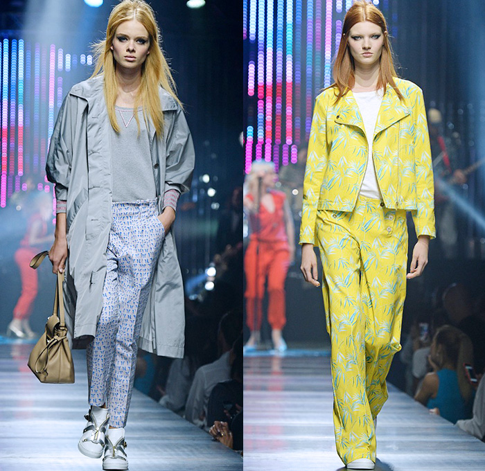 Tru Trussardi 2015 Spring Summer Womens Runway Looks - Milano Moda Uomo Collezione Milan Fashion Week Italy - Denim Jeans Patchwork Patches Outerwear Stripes Embroidery Paisley Rainwear Anorak Windbreaker Shorts Blouse Miniskirt Palm Trees Foliage Leaves Trucker Jacket Shorts Boxing Trunks Knit Shirtdress Yellow Jumpsuit Bib Brace Coveralls Overalls Lace Steel Pattern Trainers Coat Motorcycle Biker Rider Wide Leg Trousers Palazzo Pants Leather