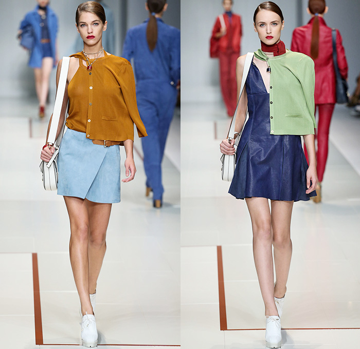 Trussardi 2015 Spring Summer Womens Runway Looks - Milano Moda Donna Collezione Milan Fashion Week Italy - Outerwear Trench Coat Trenchdress Coatdress Suede Leather Studs Romper Onesie Jumpsuit Coveralls Boiler Suit White Handkerchief Hem Blouse Motorcycle Biker Knit Cardigan Dress Alligator Crocodile Bomber Jacket Crop Top Midriff Shorts Miniskirt Wide Leg Pants Palazzo Pants Stripes