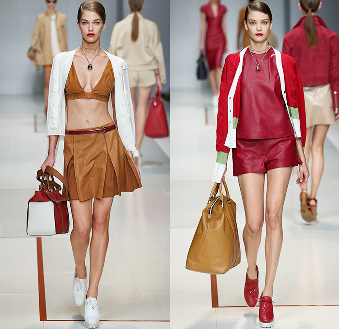 Trussardi 2015 Spring Summer Womens Runway Looks - Milano Moda Donna Collezione Milan Fashion Week Italy - Outerwear Trench Coat Trenchdress Coatdress Suede Leather Studs Romper Onesie Jumpsuit Coveralls Boiler Suit White Handkerchief Hem Blouse Motorcycle Biker Knit Cardigan Dress Alligator Crocodile Bomber Jacket Crop Top Midriff Shorts Miniskirt Wide Leg Pants Palazzo Pants Stripes