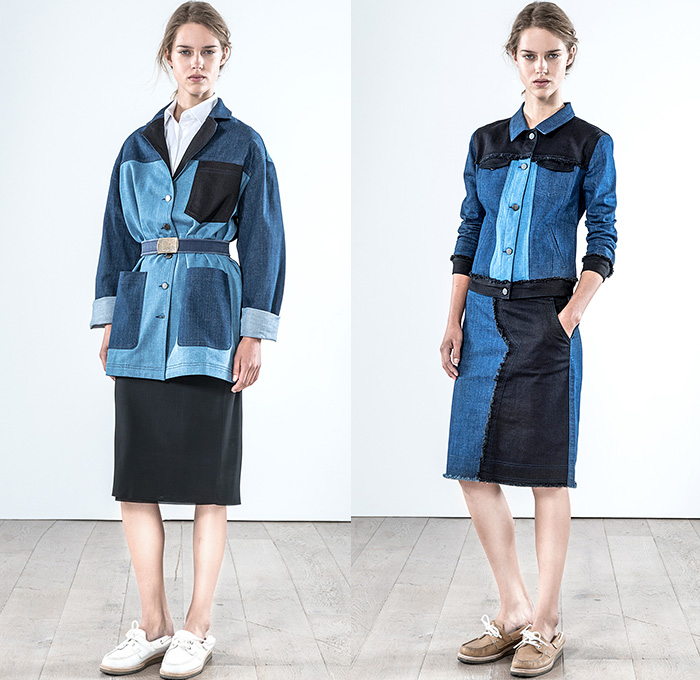 Vanessa Bruno 2015 Spring Summer Womens Lookbook Presentation - Mode à Paris Fashion Week Prêt-à-Porter Mode Féminin Femme France - Denim Jeans Patch Patchwork Big Pockets Outerwear Coat Skirt Frock Frayed Raw Hem White Ensemble Belted Waist D-Ring Slouchy Tapered Shorts Wrap Trench Coat 3D Flowers Florals Embellishments Miniskirt Shirt Blouse Drapery Stripes Shirtdress Halter Top Pleats Tankdress Lace Indigo