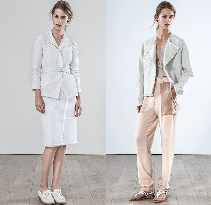 Vanessa Bruno 2015 Spring Summer Womens Lookbook Presentation - Mode à Paris Fashion Week Prêt-à-Porter Mode Féminin Femme France - Denim Jeans Patch Patchwork Big Pockets Outerwear Coat Skirt Frock Frayed Raw Hem White Ensemble Belted Waist D-Ring Slouchy Tapered Shorts Wrap Trench Coat 3D Flowers Florals Embellishments Miniskirt Shirt Blouse Drapery Stripes Shirtdress Halter Top Pleats Tankdress Lace Indigo