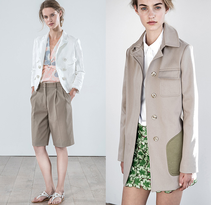 Vanessa Bruno 2015 Spring Summer Womens Lookbook Presentation - Mode à Paris Fashion Week Prêt-à-Porter Mode Féminin Femme France - Denim Jeans Patch Patchwork Big Pockets Outerwear Coat Skirt Frock Frayed Raw Hem White Ensemble Belted Waist D-Ring Slouchy Tapered Shorts Wrap Trench Coat 3D Flowers Florals Embellishments Miniskirt Shirt Blouse Drapery Stripes Shirtdress Halter Top Pleats Tankdress Lace Indigo