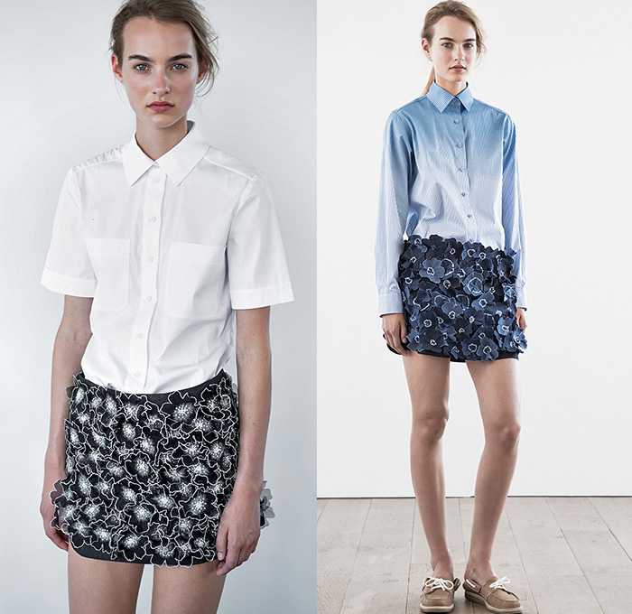 Vanessa Bruno 2015 Spring Summer Womens Lookbook Presentation - Mode à Paris Fashion Week Prêt-à-Porter Mode Féminin Femme France - Denim Jeans Patch Patchwork Big Pockets Outerwear Coat Skirt Frock Frayed Raw Hem White Ensemble Belted Waist D-Ring Slouchy Tapered Shorts Wrap Trench Coat 3D Flowers Florals Embellishments Miniskirt Shirt Blouse Drapery Stripes Shirtdress Halter Top Pleats Tankdress Lace Indigo