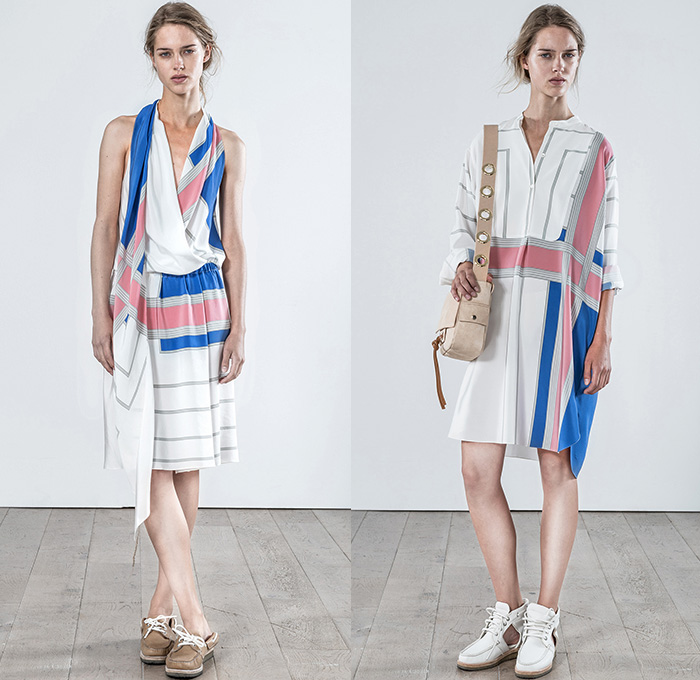 Vanessa Bruno 2015 Spring Summer Womens Lookbook Presentation - Mode à Paris Fashion Week Prêt-à-Porter Mode Féminin Femme France - Denim Jeans Patch Patchwork Big Pockets Outerwear Coat Skirt Frock Frayed Raw Hem White Ensemble Belted Waist D-Ring Slouchy Tapered Shorts Wrap Trench Coat 3D Flowers Florals Embellishments Miniskirt Shirt Blouse Drapery Stripes Shirtdress Halter Top Pleats Tankdress Lace Indigo