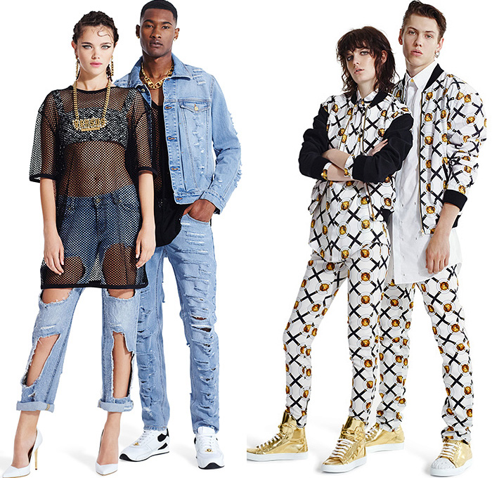 Versus Versace 2015 Spring Summer Womens Mens Lookbook - Destroyed Denim Jeans Destroyed Mesh Streetwear Gold Metallic Crop Top Midriff Bomber Jacket Medusa Rocker Leather Moto Biker Leopard Ornamental Print Decorative Art Rock n Roll Furry Shaggy Outerwear Coat Leg Panels Safety Pin Tuxedo Jacket Capri Cropped Pants Cardigan Miniskirt 3D Embellishments Adornments Bib Brace Vest Waistcoat Studs Suit