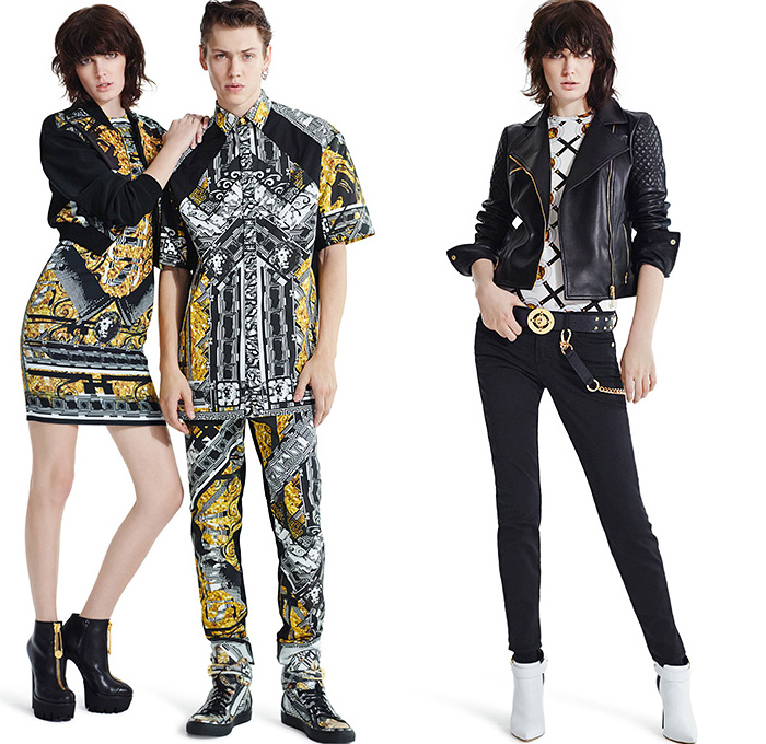 Versus Versace 2015 Spring Summer Womens Mens Lookbook - Destroyed Denim Jeans Destroyed Mesh Streetwear Gold Metallic Crop Top Midriff Bomber Jacket Medusa Rocker Leather Moto Biker Leopard Ornamental Print Decorative Art Rock n Roll Furry Shaggy Outerwear Coat Leg Panels Safety Pin Tuxedo Jacket Capri Cropped Pants Cardigan Miniskirt 3D Embellishments Adornments Bib Brace Vest Waistcoat Studs Suit