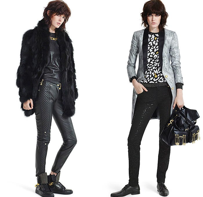 Versus Versace 2015 Spring Summer Womens Mens Lookbook - Destroyed Denim Jeans Destroyed Mesh Streetwear Gold Metallic Crop Top Midriff Bomber Jacket Medusa Rocker Leather Moto Biker Leopard Ornamental Print Decorative Art Rock n Roll Furry Shaggy Outerwear Coat Leg Panels Safety Pin Tuxedo Jacket Capri Cropped Pants Cardigan Miniskirt 3D Embellishments Adornments Bib Brace Vest Waistcoat Studs Suit