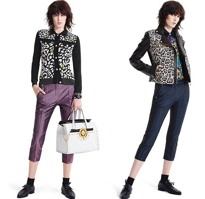 Versus Versace 2015 Spring Summer Womens Mens Lookbook - Destroyed Denim Jeans Destroyed Mesh Streetwear Gold Metallic Crop Top Midriff Bomber Jacket Medusa Rocker Leather Moto Biker Leopard Ornamental Print Decorative Art Rock n Roll Furry Shaggy Outerwear Coat Leg Panels Safety Pin Tuxedo Jacket Capri Cropped Pants Cardigan Miniskirt 3D Embellishments Adornments Bib Brace Vest Waistcoat Studs Suit