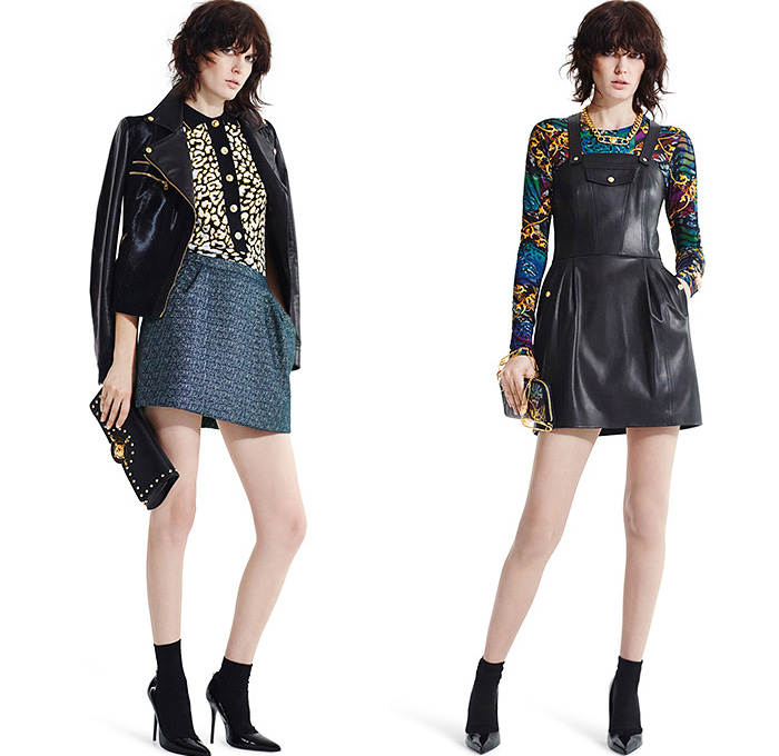 Versus Versace 2015 Spring Summer Womens Mens Lookbook - Destroyed Denim Jeans Destroyed Mesh Streetwear Gold Metallic Crop Top Midriff Bomber Jacket Medusa Rocker Leather Moto Biker Leopard Ornamental Print Decorative Art Rock n Roll Furry Shaggy Outerwear Coat Leg Panels Safety Pin Tuxedo Jacket Capri Cropped Pants Cardigan Miniskirt 3D Embellishments Adornments Bib Brace Vest Waistcoat Studs Suit