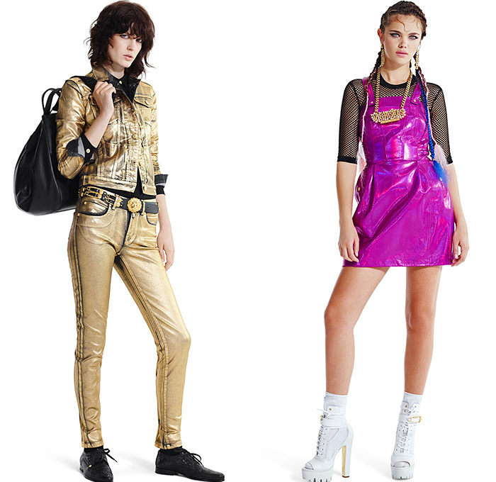 Versus Versace 2015 Spring Summer Womens Mens Lookbook - Destroyed Denim Jeans Destroyed Mesh Streetwear Gold Metallic Crop Top Midriff Bomber Jacket Medusa Rocker Leather Moto Biker Leopard Ornamental Print Decorative Art Rock n Roll Furry Shaggy Outerwear Coat Leg Panels Safety Pin Tuxedo Jacket Capri Cropped Pants Cardigan Miniskirt 3D Embellishments Adornments Bib Brace Vest Waistcoat Studs Suit