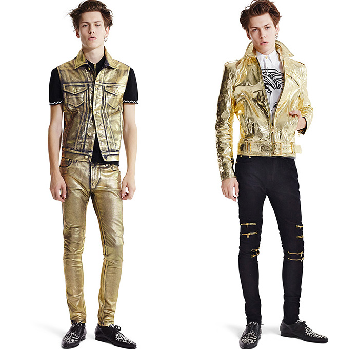 Versus Versace 2015 Spring Summer Womens Mens Lookbook - Destroyed Denim Jeans Destroyed Mesh Streetwear Gold Metallic Crop Top Midriff Bomber Jacket Medusa Rocker Leather Moto Biker Leopard Ornamental Print Decorative Art Rock n Roll Furry Shaggy Outerwear Coat Leg Panels Safety Pin Tuxedo Jacket Capri Cropped Pants Cardigan Miniskirt 3D Embellishments Adornments Bib Brace Vest Waistcoat Studs Suit