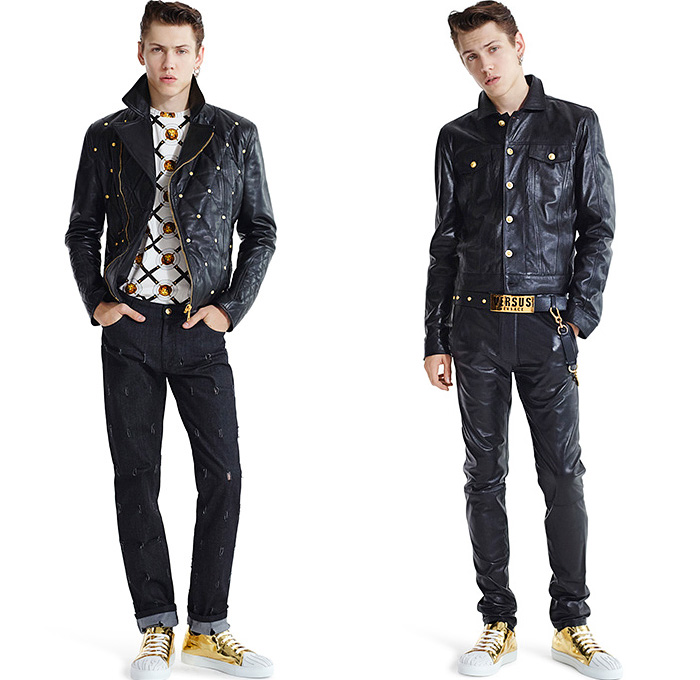 Versus Versace 2015 Spring Summer Womens Mens Lookbook - Destroyed Denim Jeans Destroyed Mesh Streetwear Gold Metallic Crop Top Midriff Bomber Jacket Medusa Rocker Leather Moto Biker Leopard Ornamental Print Decorative Art Rock n Roll Furry Shaggy Outerwear Coat Leg Panels Safety Pin Tuxedo Jacket Capri Cropped Pants Cardigan Miniskirt 3D Embellishments Adornments Bib Brace Vest Waistcoat Studs Suit