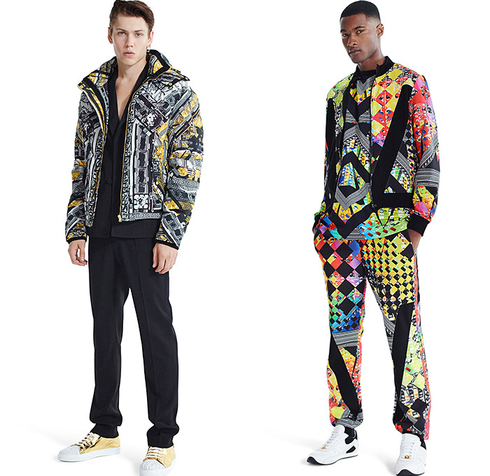 Versus Versace 2015 Spring Summer Womens Mens Lookbook - Destroyed Denim Jeans Destroyed Mesh Streetwear Gold Metallic Crop Top Midriff Bomber Jacket Medusa Rocker Leather Moto Biker Leopard Ornamental Print Decorative Art Rock n Roll Furry Shaggy Outerwear Coat Leg Panels Safety Pin Tuxedo Jacket Capri Cropped Pants Cardigan Miniskirt 3D Embellishments Adornments Bib Brace Vest Waistcoat Studs Suit