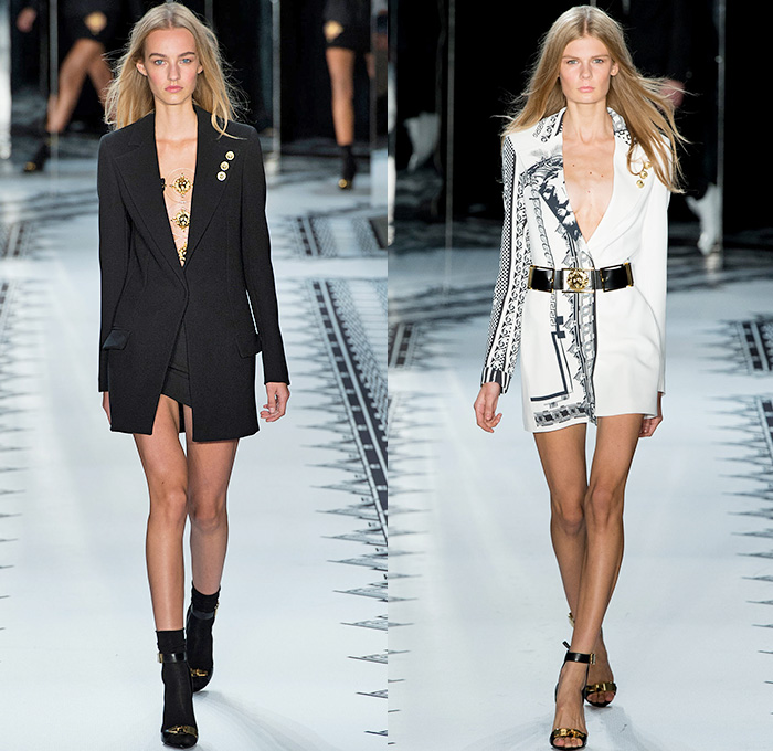 Versus Versace x Anthony Vaccarello 2015 Spring Summer Womens Runway Catwalk Looks - New York Fashion Week - Denim Jeans Gold Buttons Mesh Multi-Panel Button Down Shirt Blouse Print Motif Blazerdress Coatdress Black Belted Waist Shirtdress Blousedress Wrap Angular Asymmetrical Hem Shorts Halter Top High Slit Strapless Bomber Jacket Pants Trousers Lion Sheer Chiffon Military Rock N Roll Leather Bodycon One Off Shoulder Gold Metallic