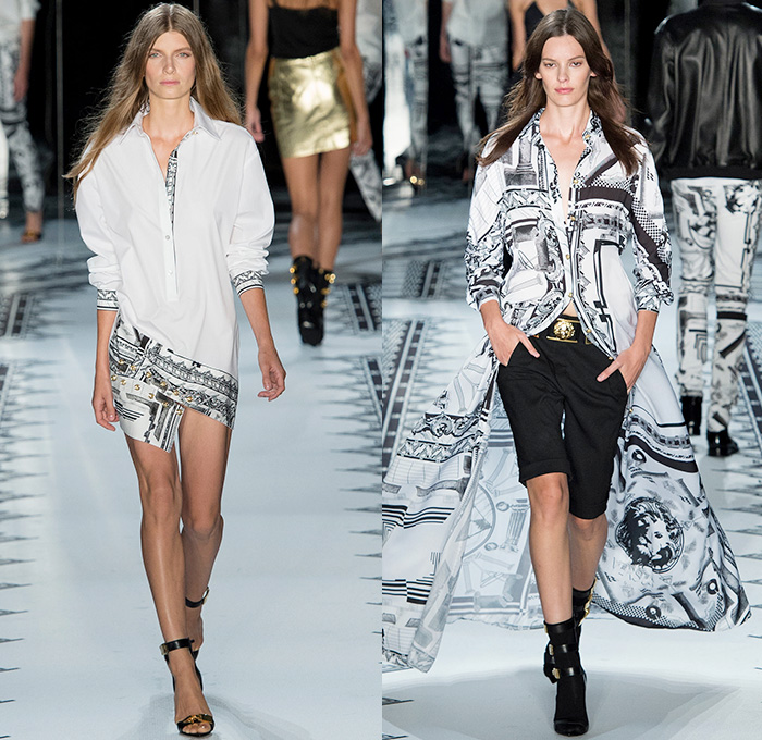 Versus Versace x Anthony Vaccarello 2015 Spring Summer Womens Runway Catwalk Looks - New York Fashion Week - Denim Jeans Gold Buttons Mesh Multi-Panel Button Down Shirt Blouse Print Motif Blazerdress Coatdress Black Belted Waist Shirtdress Blousedress Wrap Angular Asymmetrical Hem Shorts Halter Top High Slit Strapless Bomber Jacket Pants Trousers Lion Sheer Chiffon Military Rock N Roll Leather Bodycon One Off Shoulder Gold Metallic