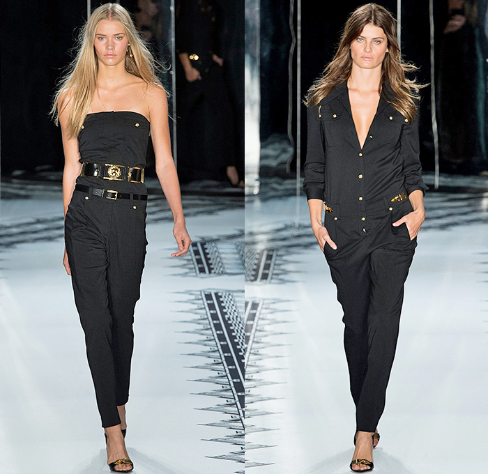 Versus Versace x Anthony Vaccarello 2015 Spring Summer Womens Runway Catwalk Looks - New York Fashion Week - Denim Jeans Gold Buttons Mesh Multi-Panel Button Down Shirt Blouse Print Motif Blazerdress Coatdress Black Belted Waist Shirtdress Blousedress Wrap Angular Asymmetrical Hem Shorts Halter Top High Slit Strapless Bomber Jacket Pants Trousers Lion Sheer Chiffon Military Rock N Roll Leather Bodycon One Off Shoulder Gold Metallic