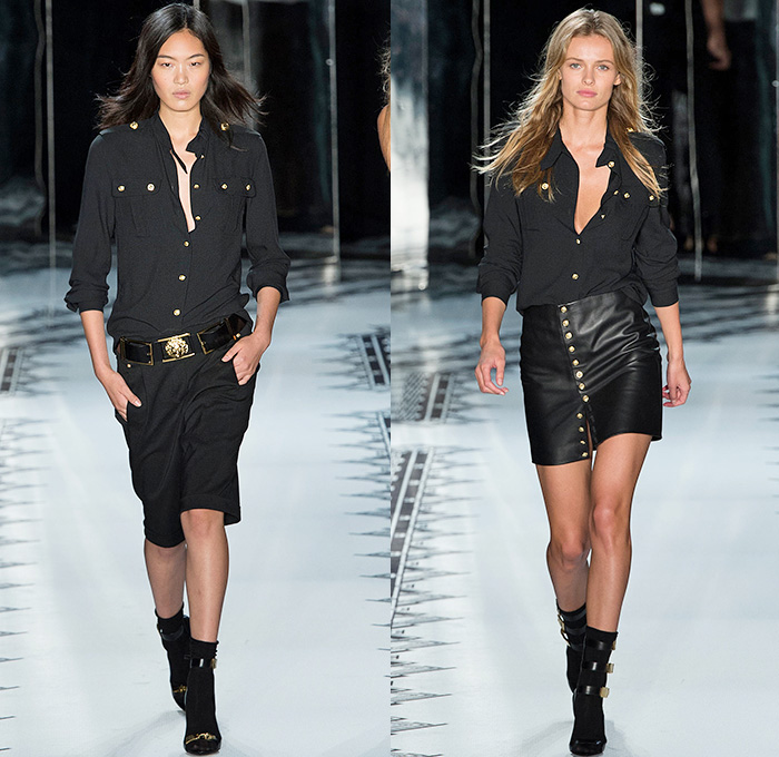 Versus Versace x Anthony Vaccarello 2015 Spring Summer Womens Runway Catwalk Looks - New York Fashion Week - Denim Jeans Gold Buttons Mesh Multi-Panel Button Down Shirt Blouse Print Motif Blazerdress Coatdress Black Belted Waist Shirtdress Blousedress Wrap Angular Asymmetrical Hem Shorts Halter Top High Slit Strapless Bomber Jacket Pants Trousers Lion Sheer Chiffon Military Rock N Roll Leather Bodycon One Off Shoulder Gold Metallic