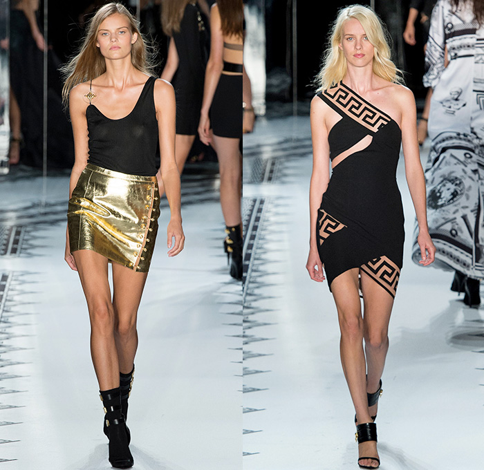 Versus Versace x Anthony Vaccarello 2015 Spring Summer Womens Runway Catwalk Looks - New York Fashion Week - Denim Jeans Gold Buttons Mesh Multi-Panel Button Down Shirt Blouse Print Motif Blazerdress Coatdress Black Belted Waist Shirtdress Blousedress Wrap Angular Asymmetrical Hem Shorts Halter Top High Slit Strapless Bomber Jacket Pants Trousers Lion Sheer Chiffon Military Rock N Roll Leather Bodycon One Off Shoulder Gold Metallic