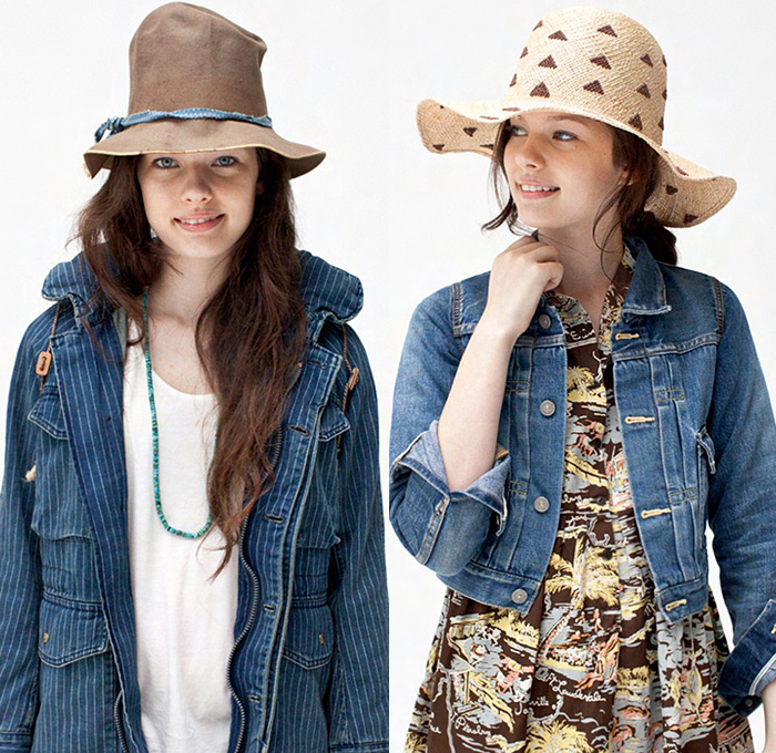 visvim 2015 Spring Summer Womens Lookbook Presentation - New York Fashion Week Designers Hiroki and Kelsi Nakamura - Denim Jeans Parka Outerwear Coat Hawaiian Print Tropical Foliage Trees Leaves Fauna Islands Straw Hat High Waist Stripes Rugby Sweater Jumper Shirtdress Dress Boots Skirt Frock