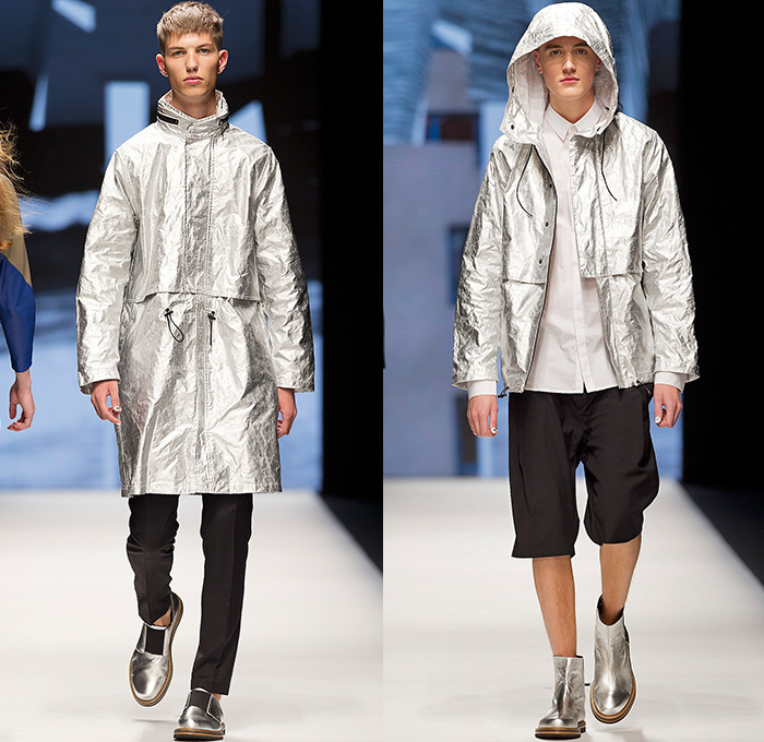 WHYRED 2015 Spring Summer Mens Runway Catwalk Looks - Fashion Week Stockholm Sweden - Psychological Collages Artwork Metallic Silver Parka Outerwear Coat Bomber Jacket Anorak Shorts Multi-Panel Plaid Moto Motorcycle Biker Rider Fold Out Lapel Pants Trousers Jumpsuit One Piece Onesie Stripes Hoodie Vest Waistcoat Sandals Tote Bag Shirt Long Sleeve Asymmetrical Closure Lips Mouth